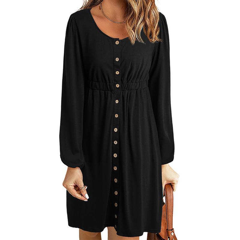 Women's knee-length dress with button details and elasticated waist, size [size]