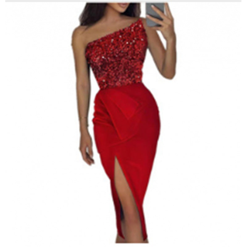 Damen-Abendkleid mit asymmetrischem Design und funkelnden Pailletten, Größe