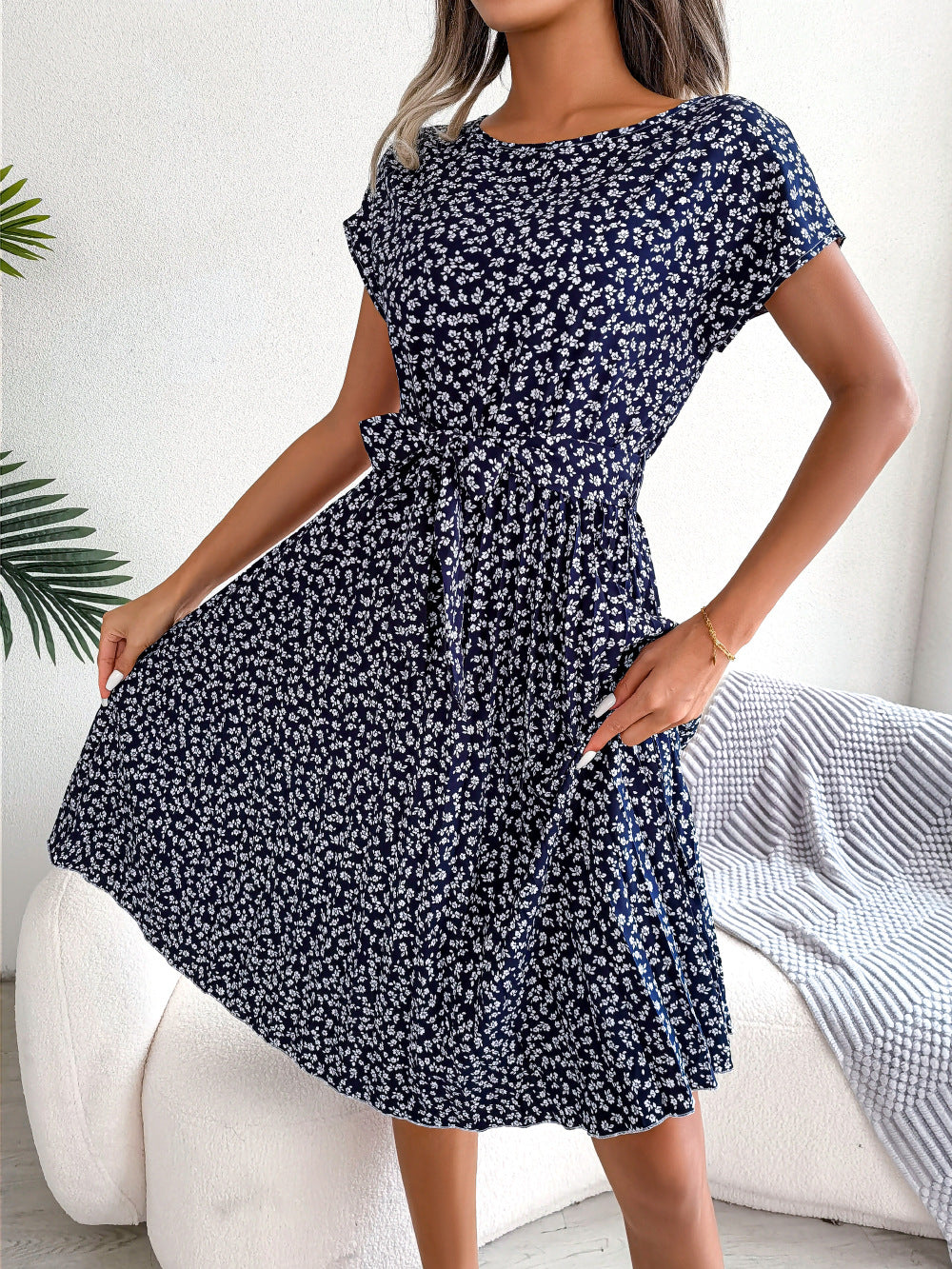 Valenzora | Spring Casual Short Sleeve Floral Large Swing Pleated Skirt