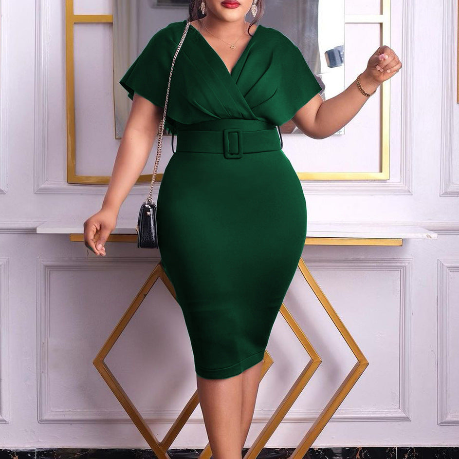 Valenzora | Women's V-neck fitted midi dress with belt