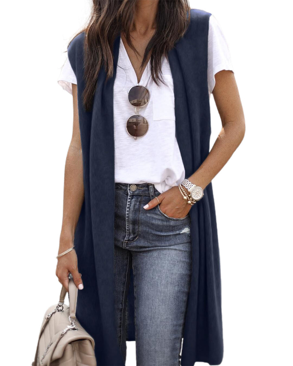 Offener Cardigan für Damen mit legerer Passform und langen Seitenpartien, Größe