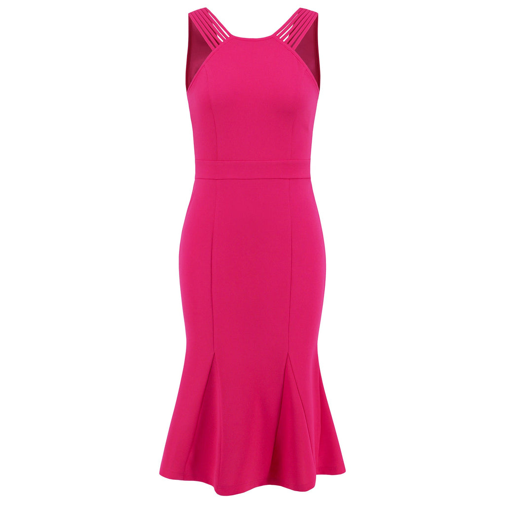 Women's midi dress with a sophisticated back cutout and flared hem, size S