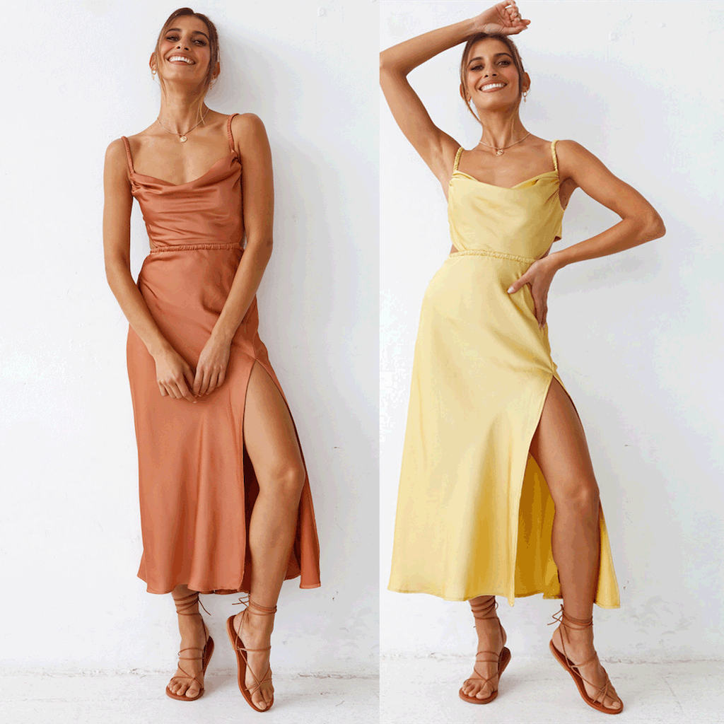 Women's satin midi dress with sophisticated ruffle details and elegant comfort, size S