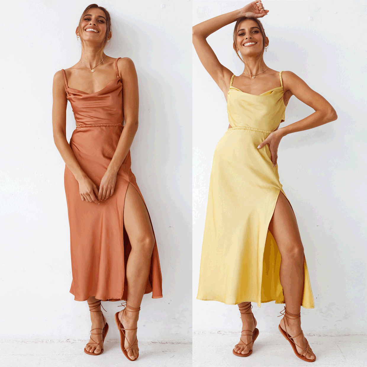 Women's satin midi dress with sophisticated ruffle details and elegant comfort, size S