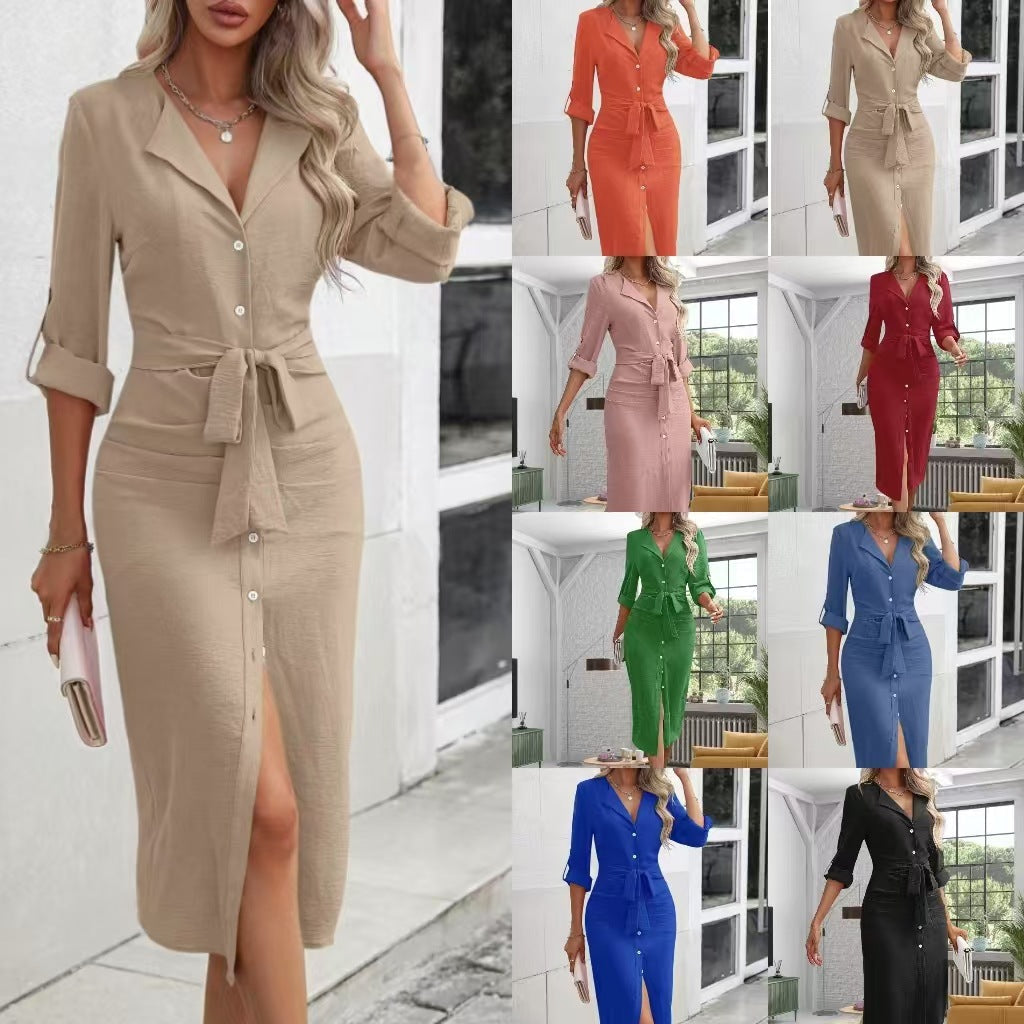Women's shirt dress with tie belt and button detail, size S