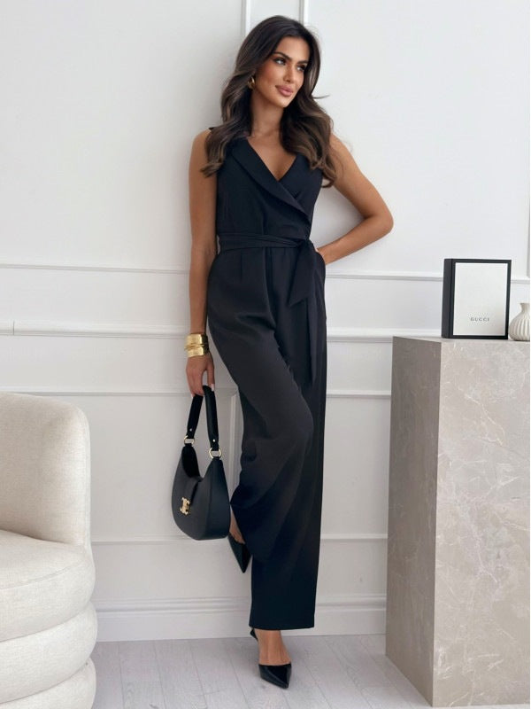 Ärmelloser Damen-Jumpsuit mit V-Ausschnitt und Taillenverzierung