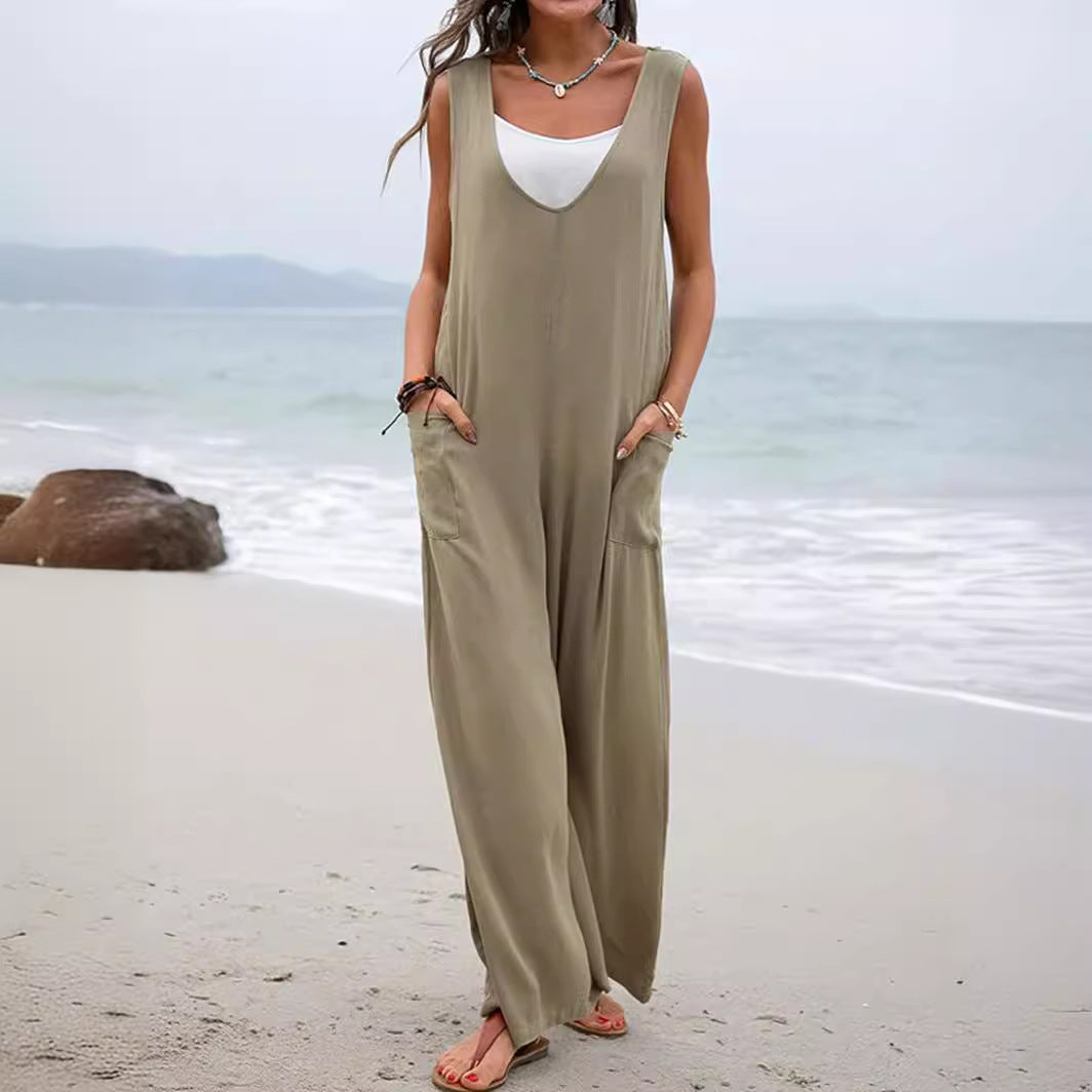 Women's casual jumpsuit with wide leg and comfortable pockets, size S