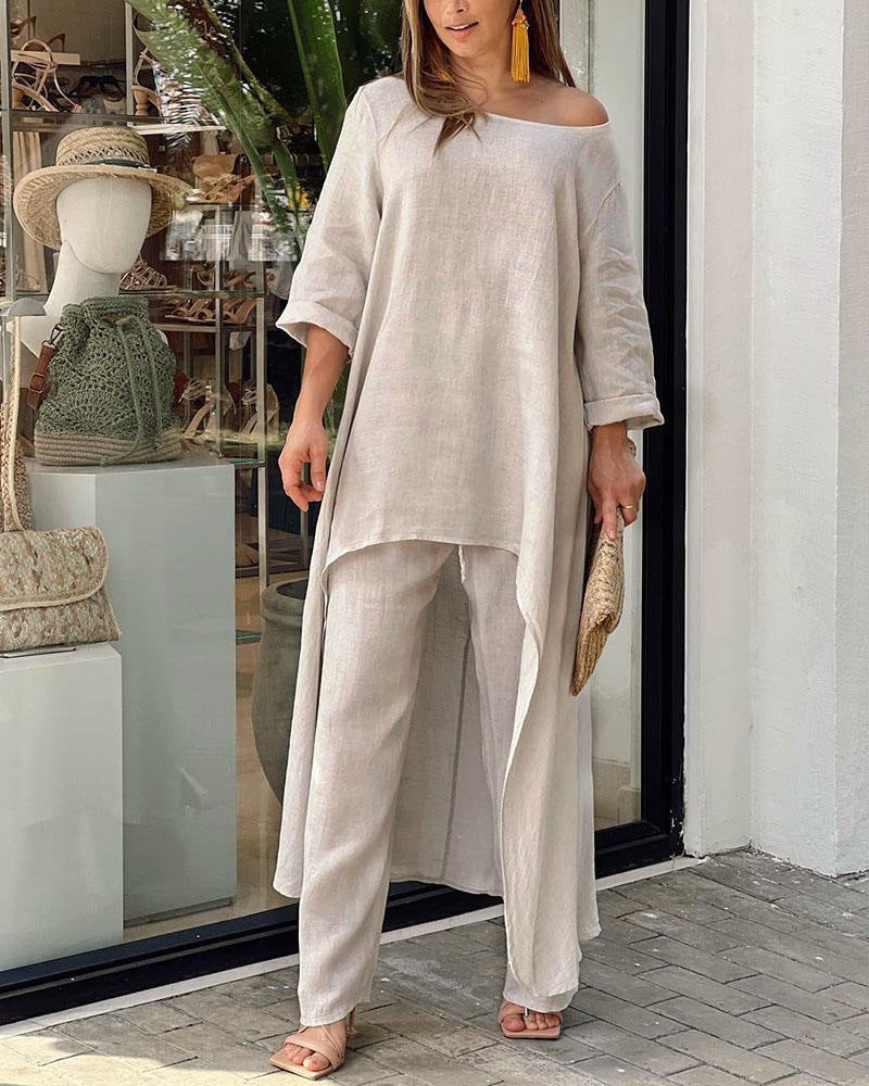 Valenzora | Cotton Linen Loose Irregular Long Sleeve Two-Piece Set