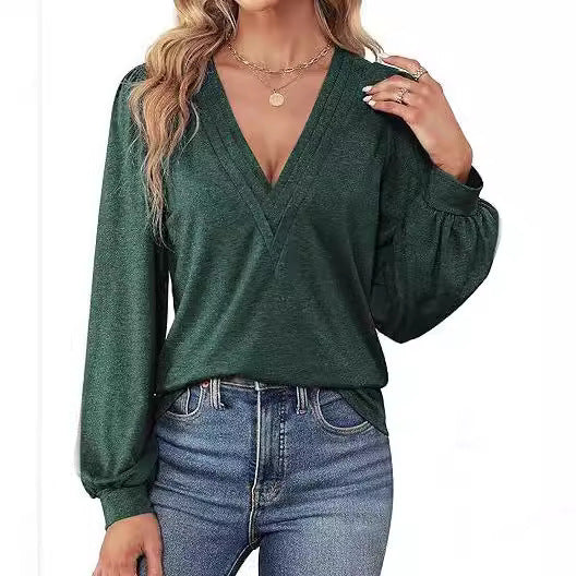 Bequemes Damen-Shirt mit V-Ausschnitt und langen Ärmeln, Größe