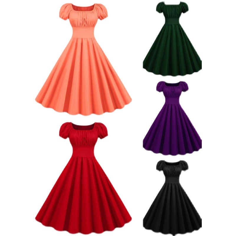 Women's vintage dress with puff sleeves and swing skirt, size