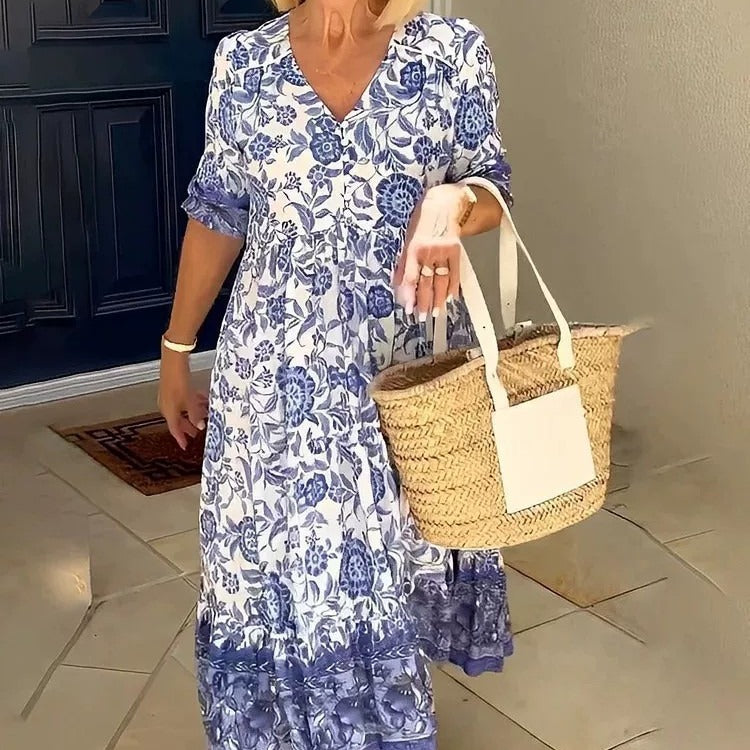 Valenzora | Three-quarter sleeve long floral tie-dye print dress