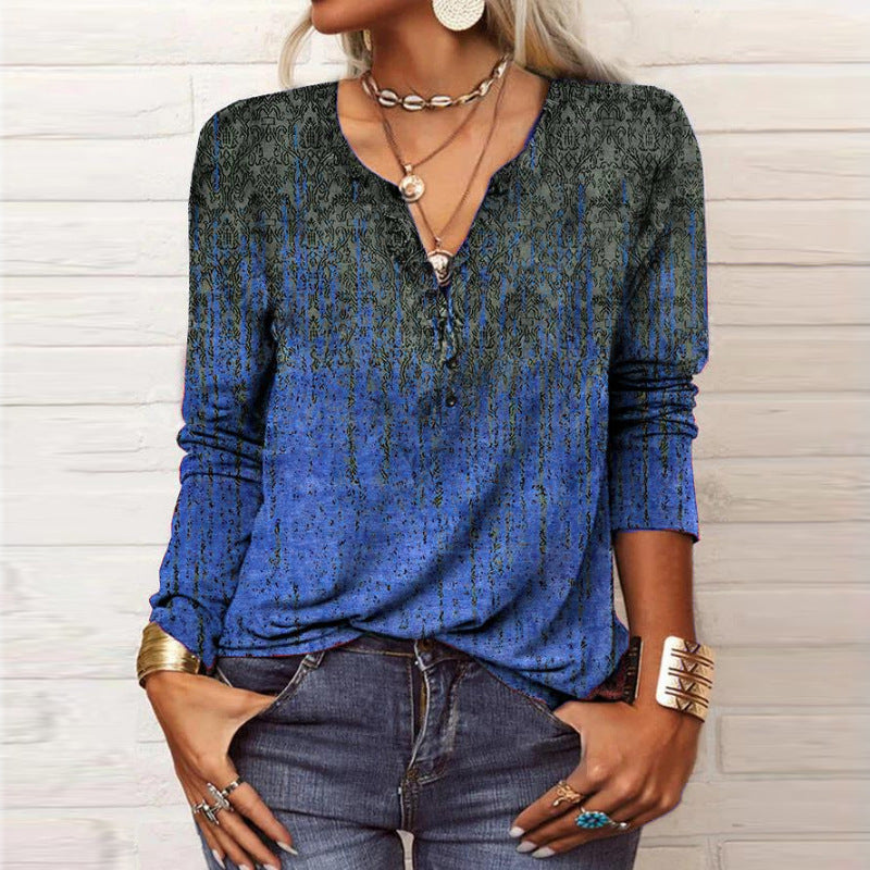 Damen Langarmshirt mit Detaildruck und Knopfleiste, Größe