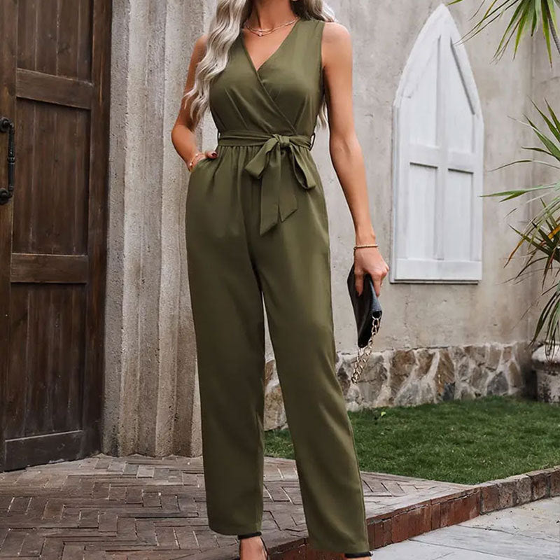 Women's elegant wrap jumpsuit with waist belt, size