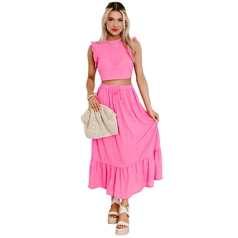 Women's two-piece set with ruffled top and maxi skirt, size