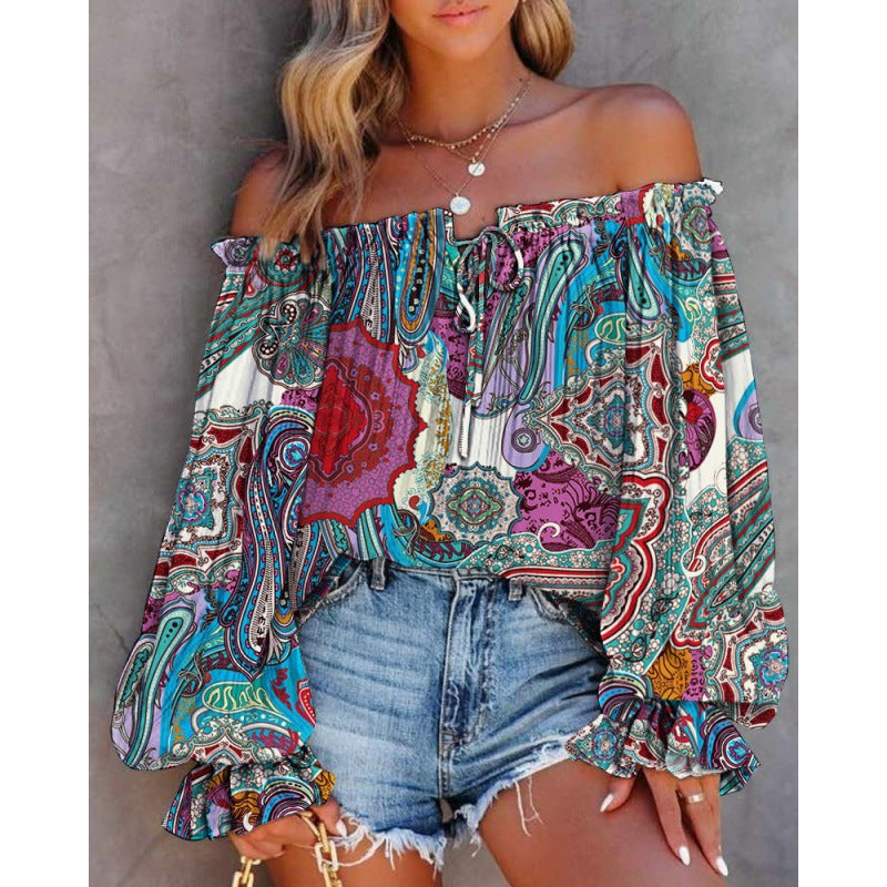 Women's off-the-shoulder blouse with colorful pattern and elastic hem, size [size missing]