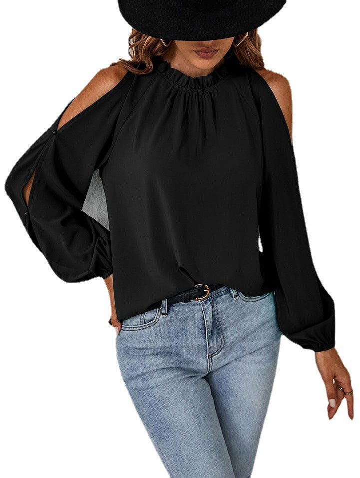 Schickes Damen-Oberteil mit Carmen-Ausschnitt und eleganten Rüschendetails, Größe [Größe]