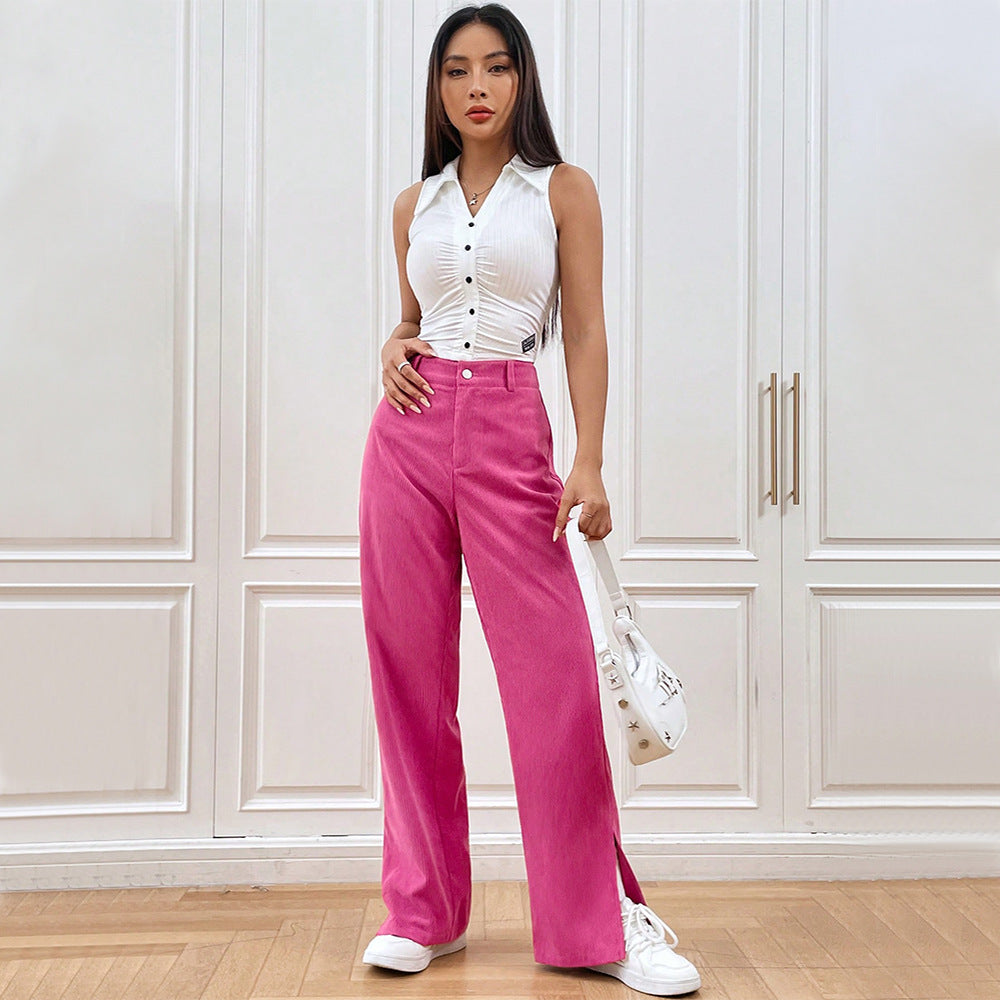 Women's wide-leg corduroy trousers with side slits, size