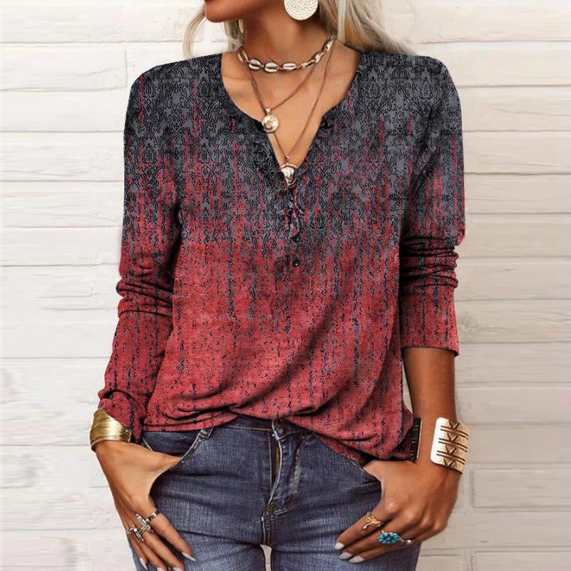 Damen Langarmshirt mit Detaildruck und Knopfleiste, Größe
