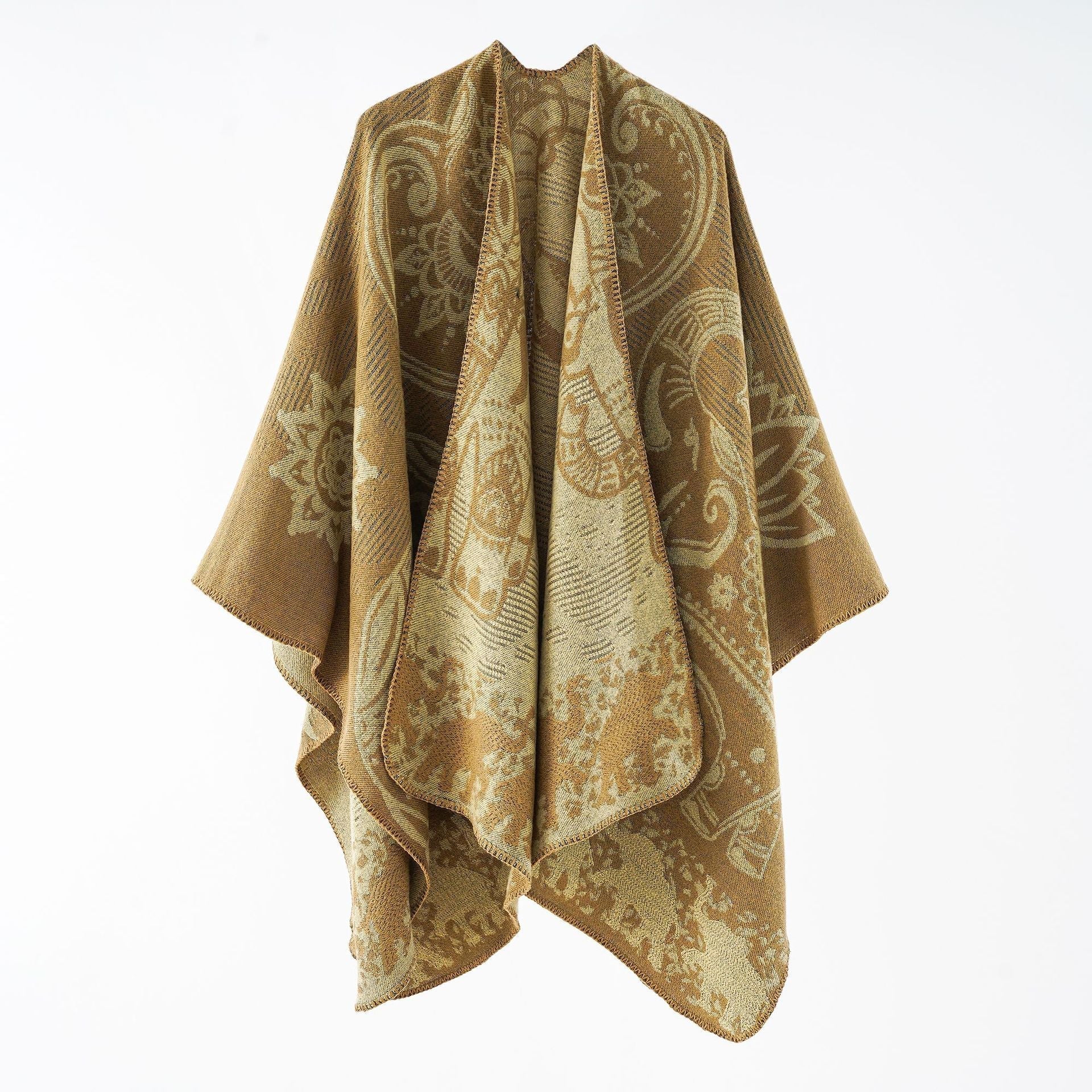 Women's elegant transitional poncho with an artistic floral pattern and fringed edges, size Valenzora