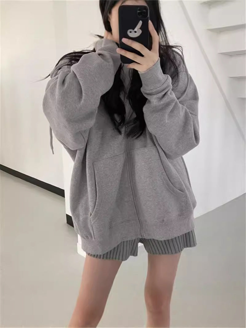 Valenzora Zip-up Oversized Solid Pocket Hooded Long Sleeve Loose Baseball Jacket