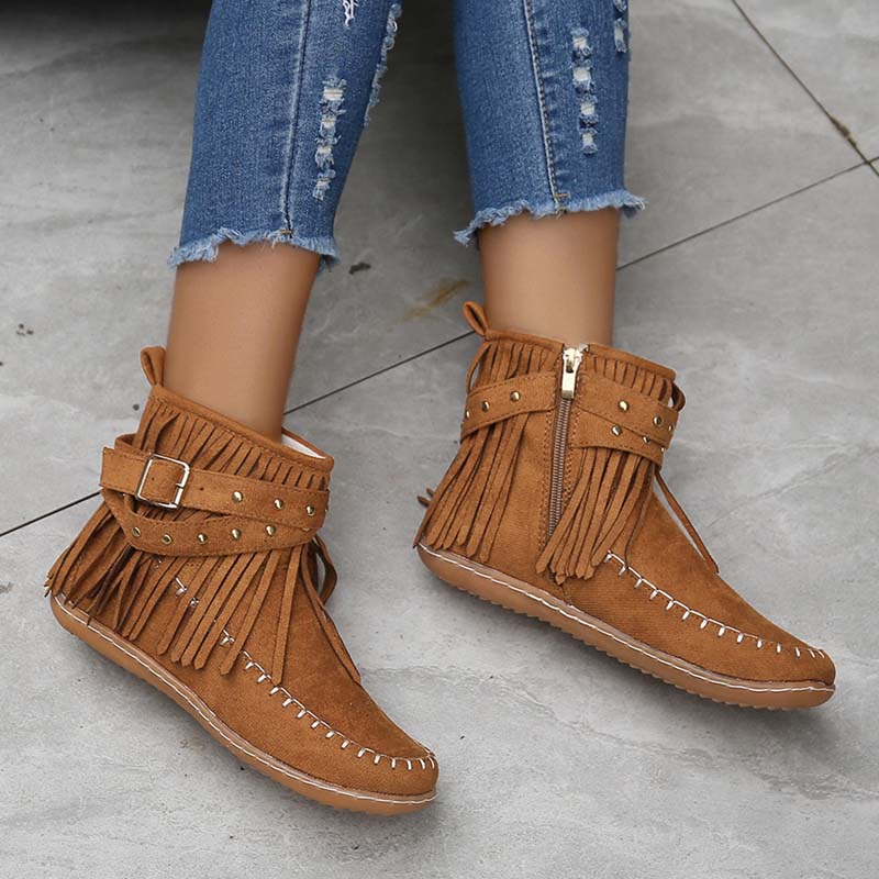Valenzora | Boho-Stiefeletten mit Fransen und Schnallen für Damen