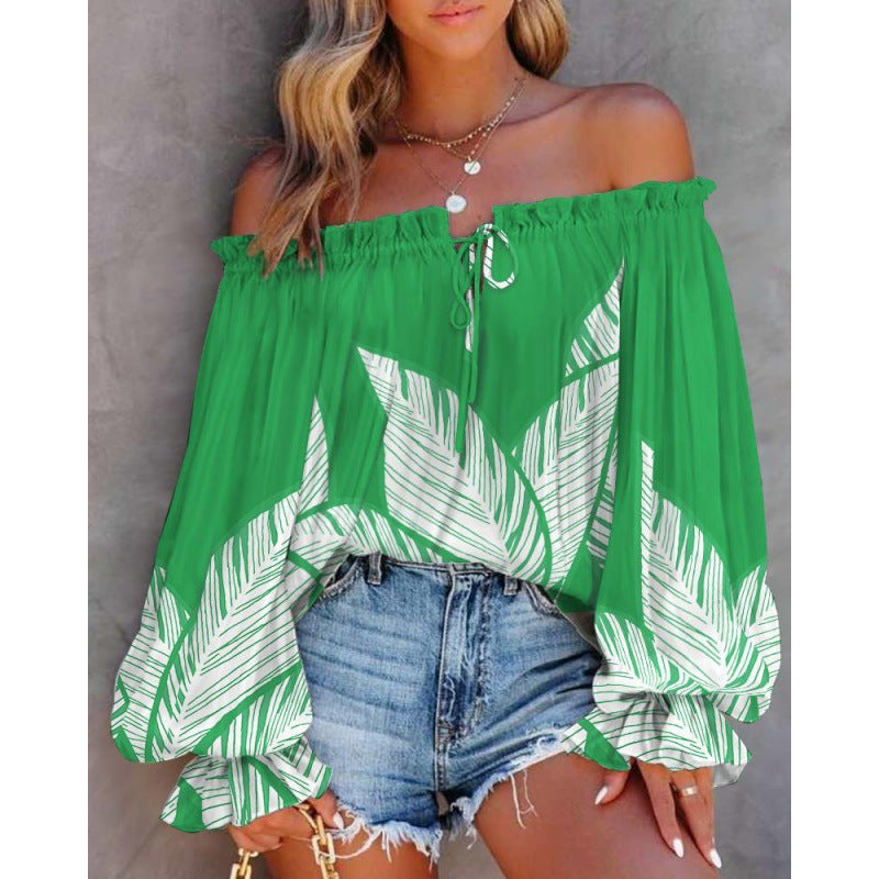 Women's off-the-shoulder blouse with colorful pattern and elastic hem, size [size missing]