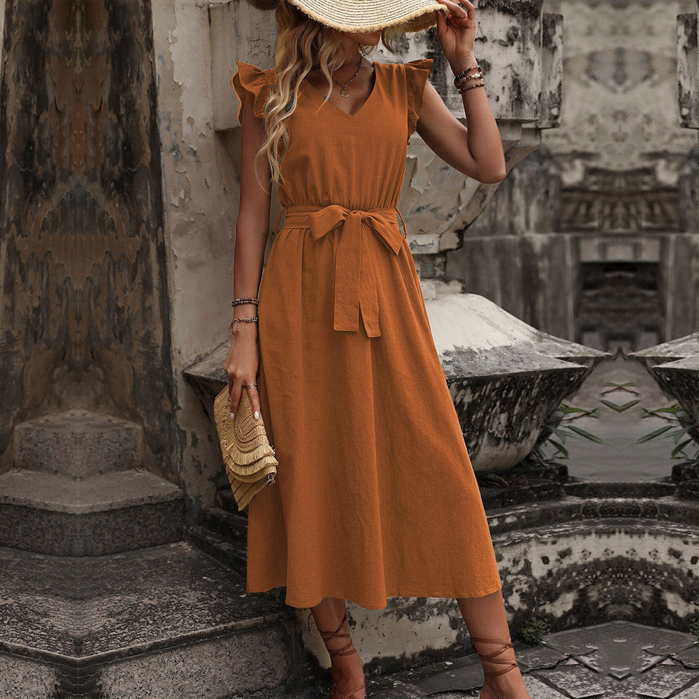 Women's midi dress with ruffle details and fitted tie belt, size