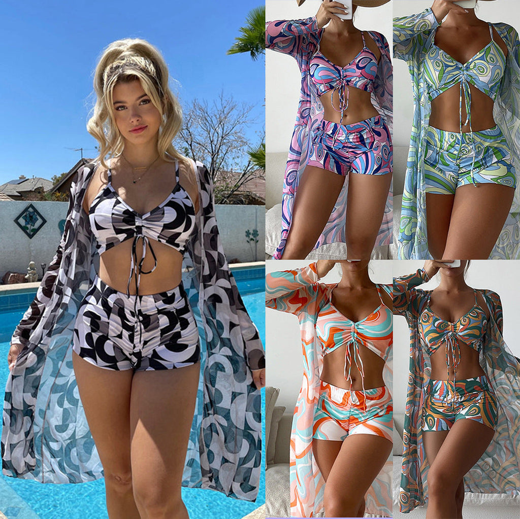 Damen Bikini-Set mit schönem Bindegürtel und floralem Kimono, Größe S