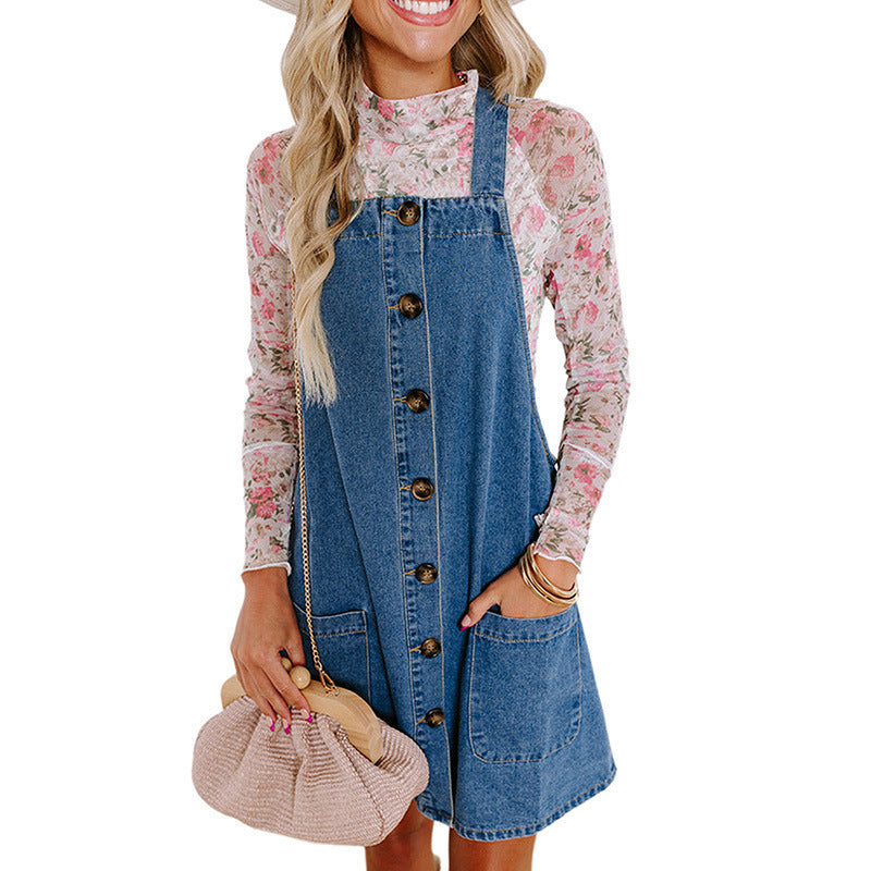 Women's denim dungaree dress with practical pockets and button details Drune