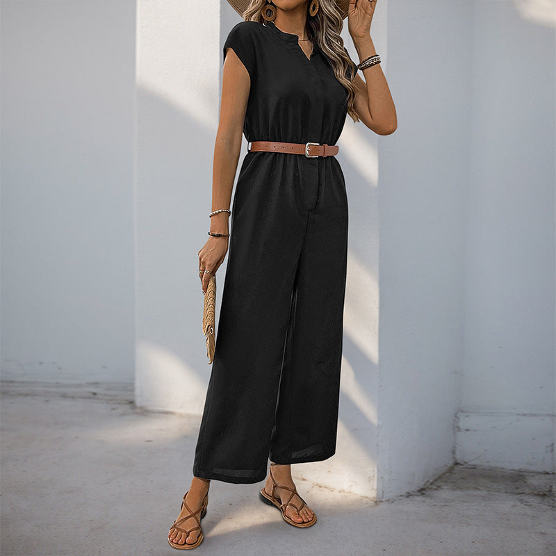 Damen-Jumpsuit mit elegantem Taillengürtel und modernem V-Ausschnitt, Größe