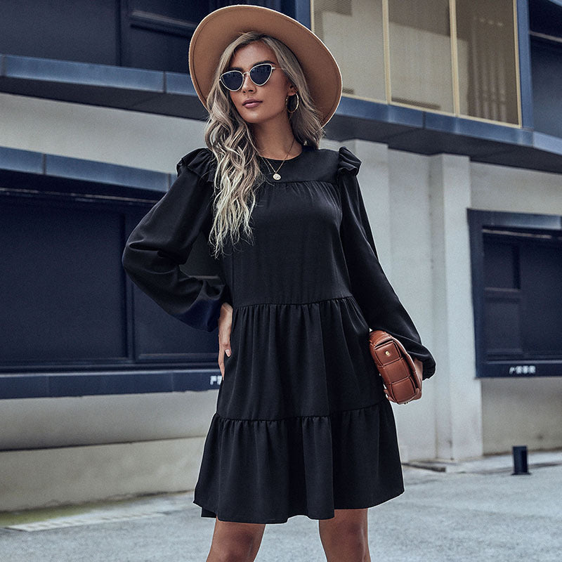 Women's midi dress with ruffle details and voluminous skirt, size [size missing]