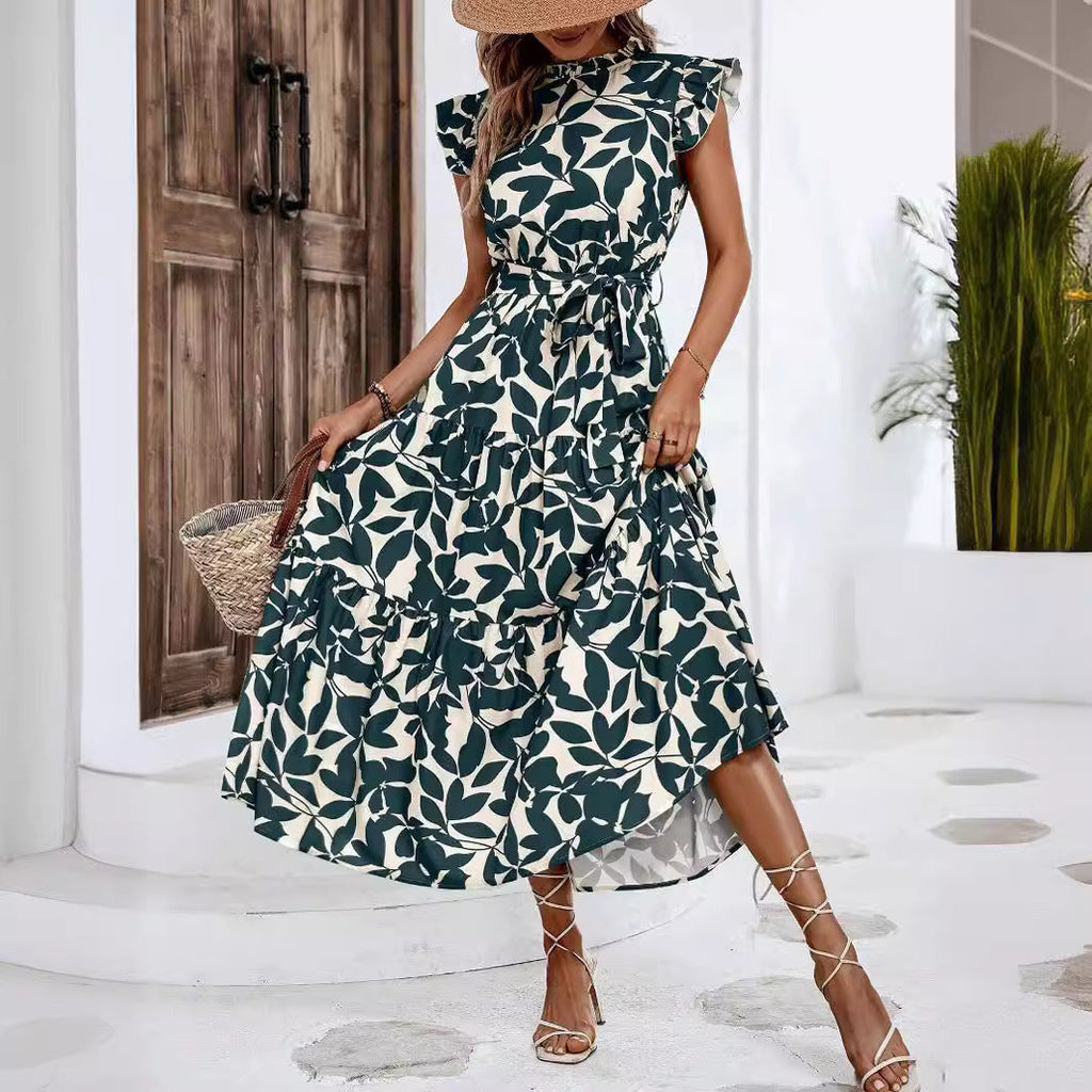 Women's casual midi dress with ruffles and floral pattern, size