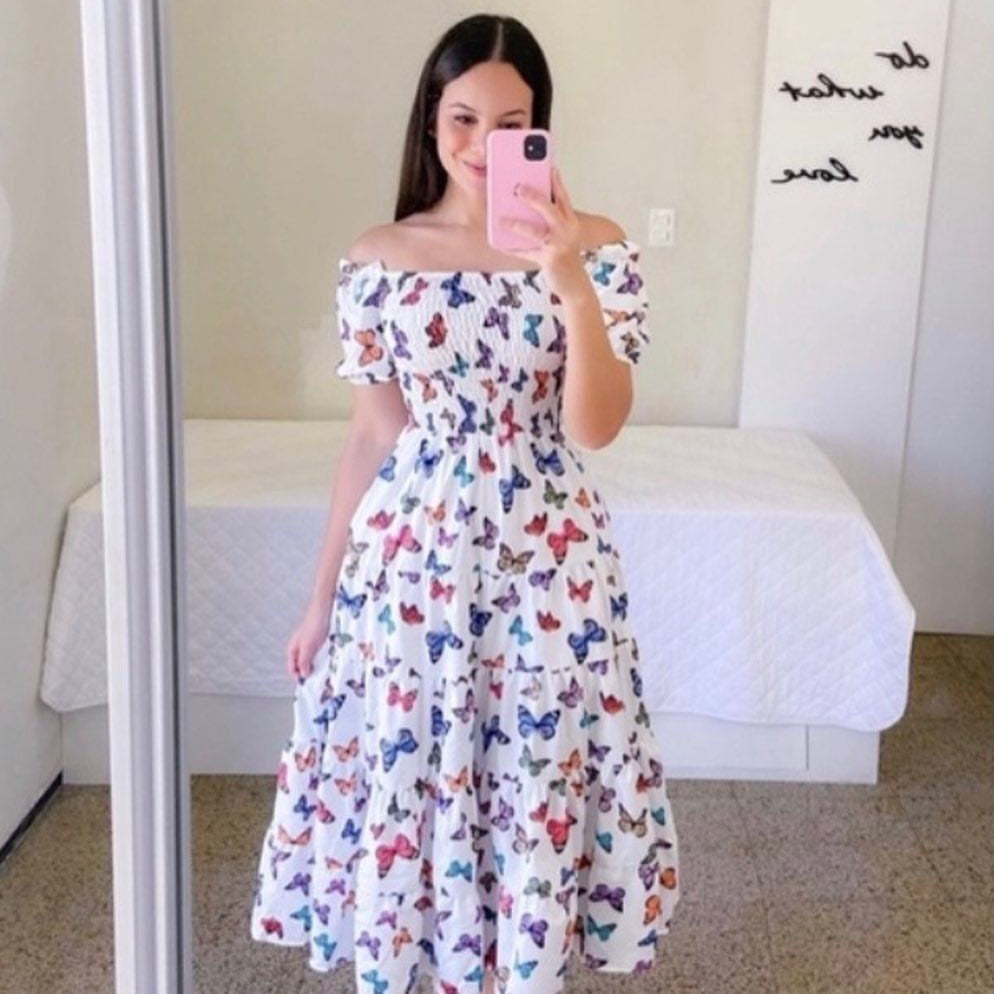 Women's midi dress with off-the-shoulder design and playful butterfly pattern, size S