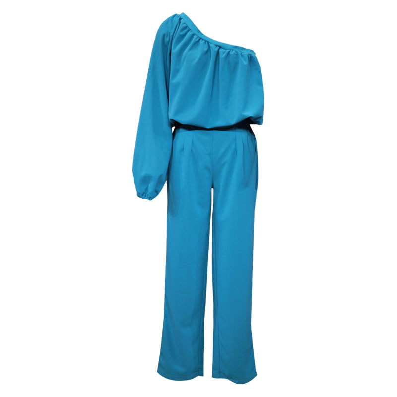 Damen-Jumpsuit mit asymmetrischem Schnitt und eleganten Puffärmeln, Größe