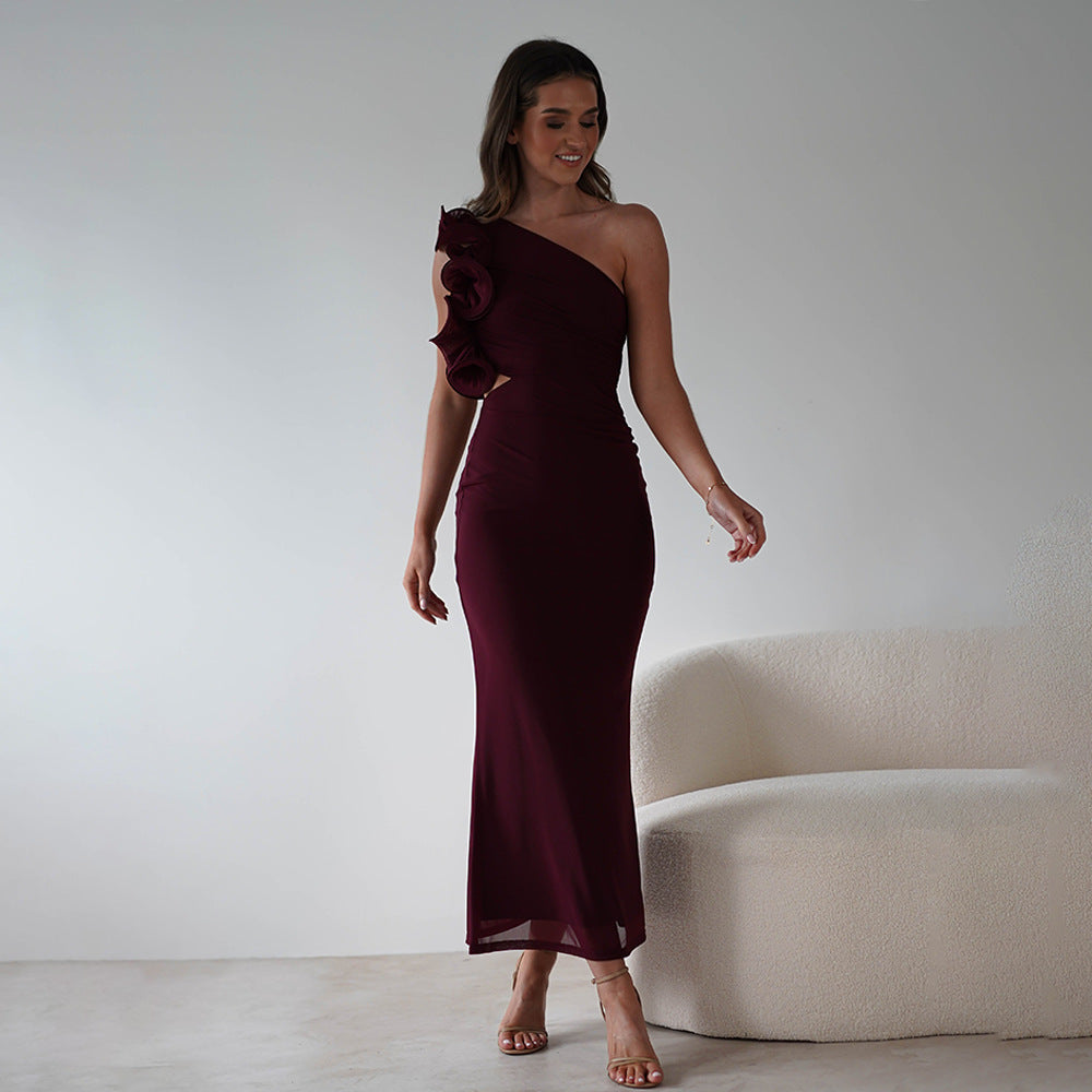 Women's figure-flattering midi dress with asymmetrical neckline and ruffle details, size [size]