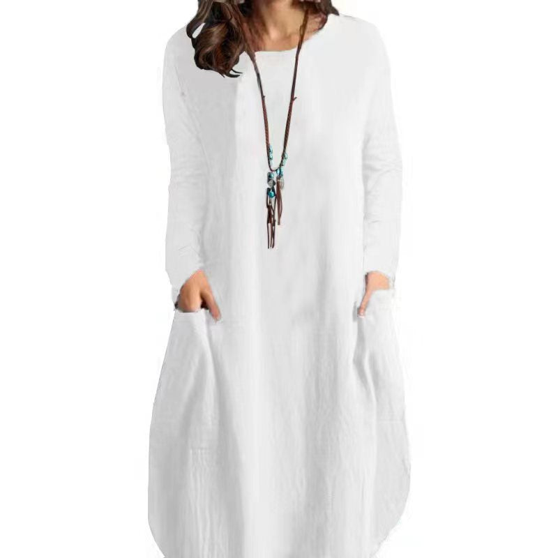 Valenzora | Relaxed Cotton-Linen Solid Color Pocket Long Sleeve Dress
