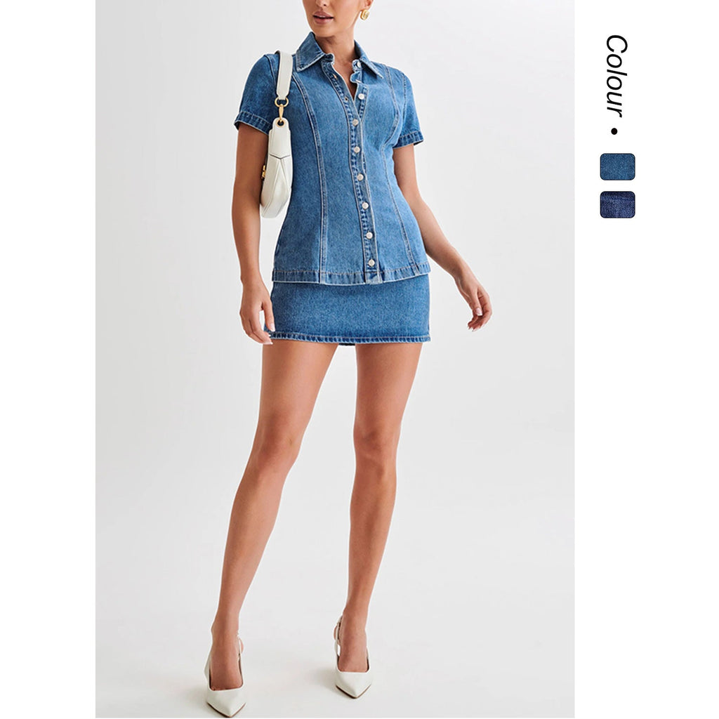 Women's denim dress with buttonable collar and close-fitting skirt Drune