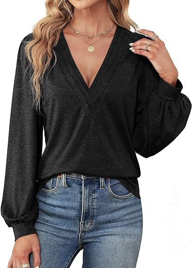 Bequemes Damen-Shirt mit V-Ausschnitt und langen Ärmeln, Größe