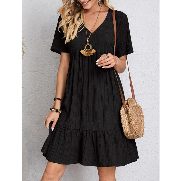 Damen Freizeitkleid mit voluminösem Saum und V-Ausschnitt, Größe