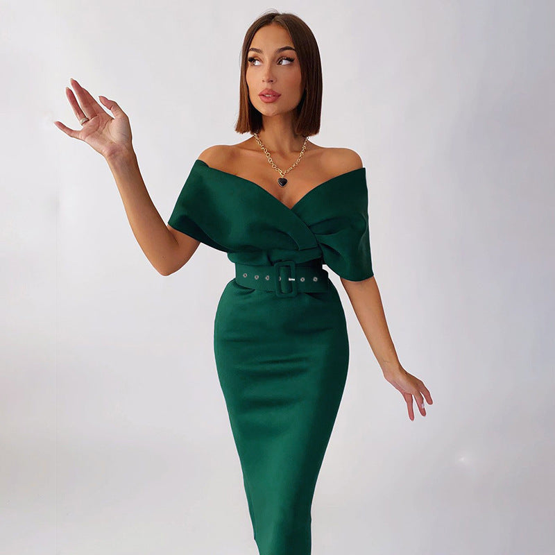 Valenzora | Off-Shoulder Fitted Dress with Belt