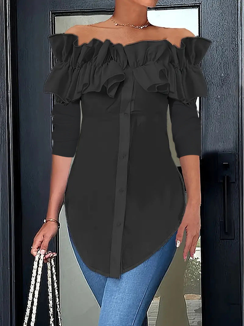 Damenbluse mit schulterfreiem Design und voluminösen Rüschendetails, Größe [Größe fehlt]
