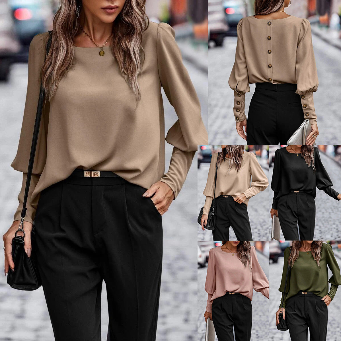 Women's blouse with elegant puff sleeves and flowing fabric, size S