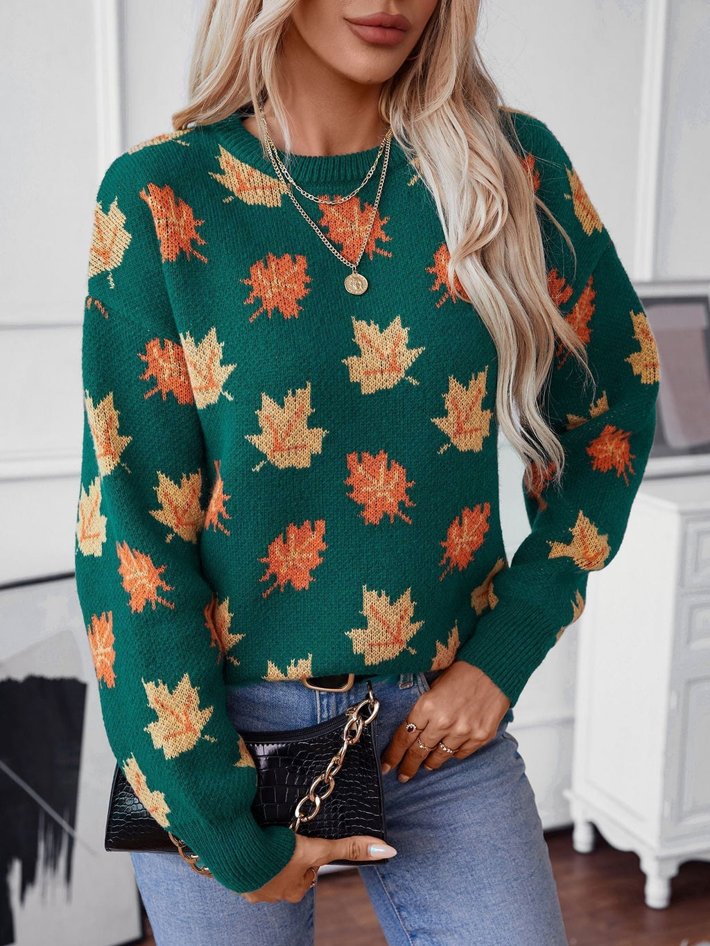 Valenzora Ahornblatt-Jacquard-Freizeitpullover