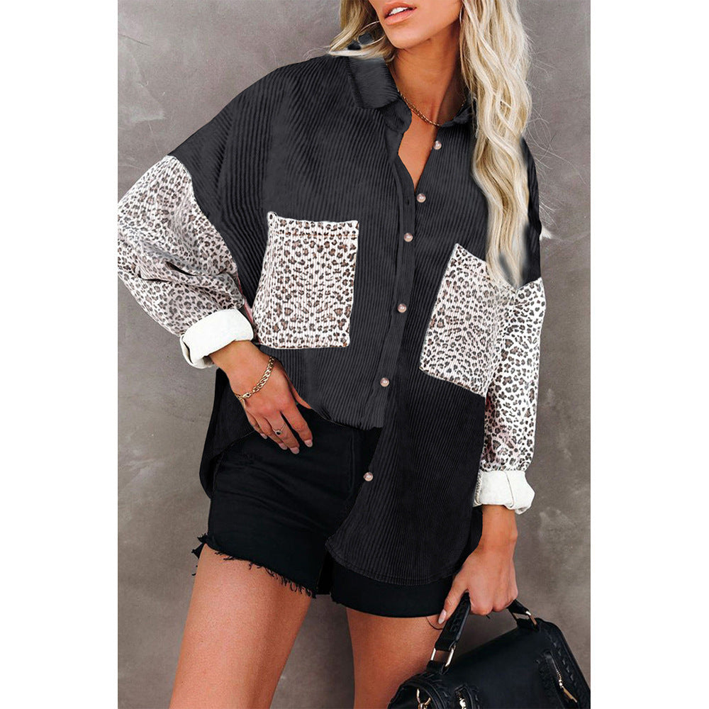 Women's trendy corduroy jacket with leopard details, size