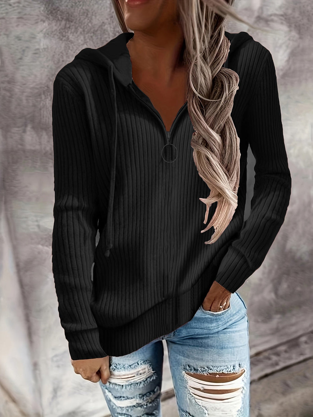 Damen-Kapuzenjacke mit Reißverschluss und lässigem Rippstrick-Design, Größe S