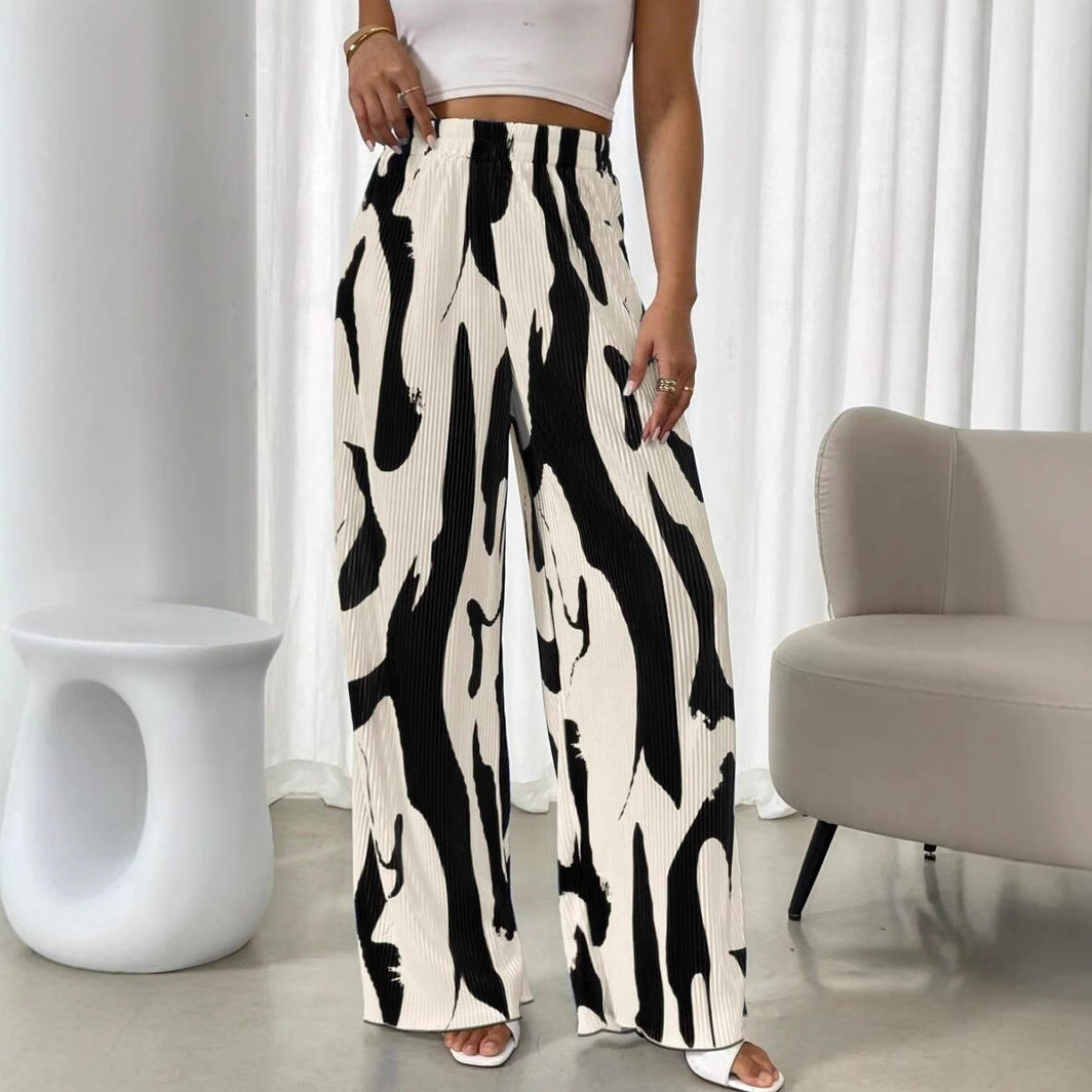 Women's wide pleated trousers with elasticated waistband and fashionable pattern, size [size]
