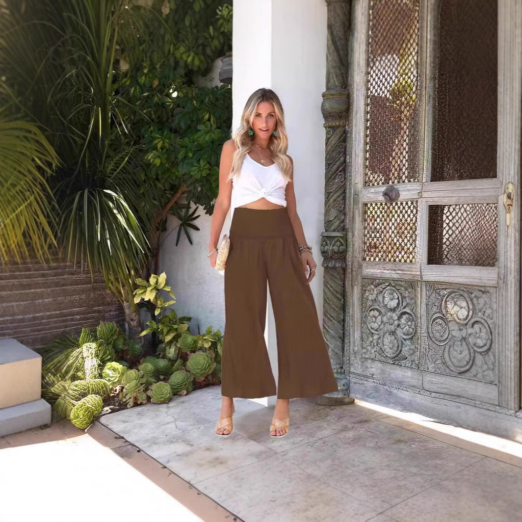 Women's wide-leg culotte trousers with elasticated waistband and side pockets, size