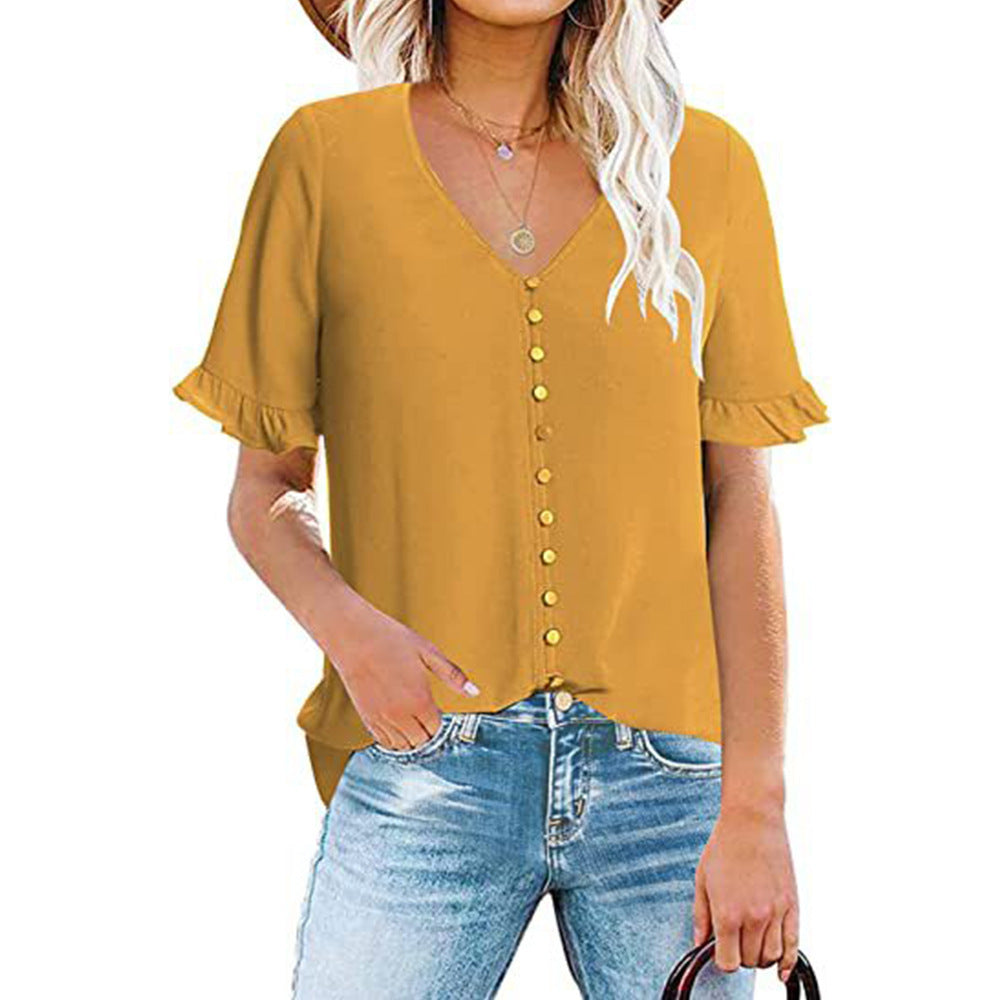 Women's blouse with ruffle details and button placket, size