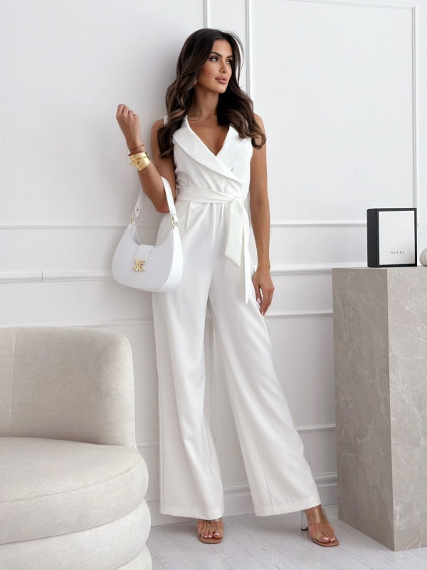 Ärmelloser Damen-Jumpsuit mit V-Ausschnitt und Taillenverzierung