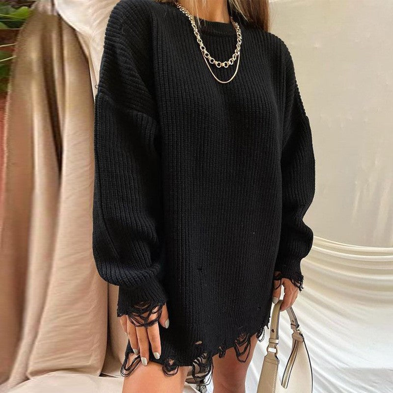 Valenzora Gerissenes Oversize-Strickkleid mit Rundhalsausschnitt